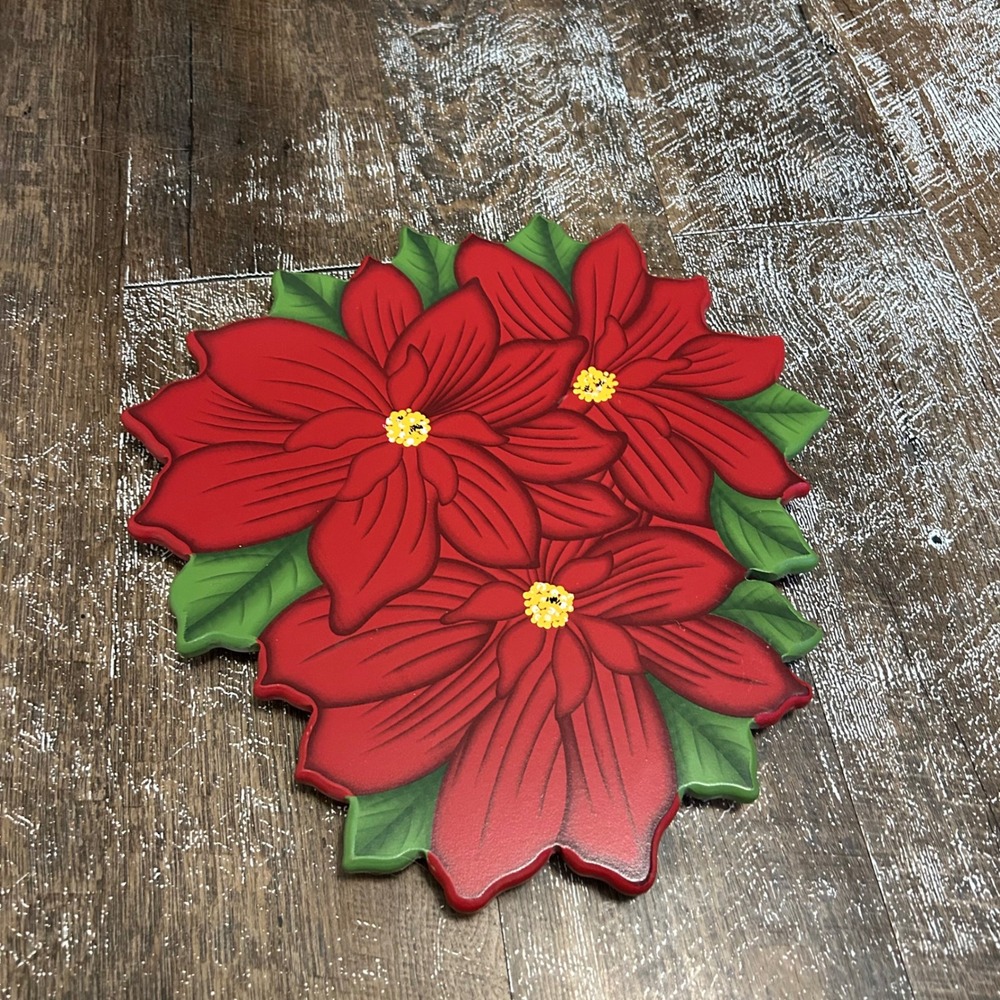Collections Etc Wooden Poinsettia Lazy Susan Christmas Holiday Rotating Tray